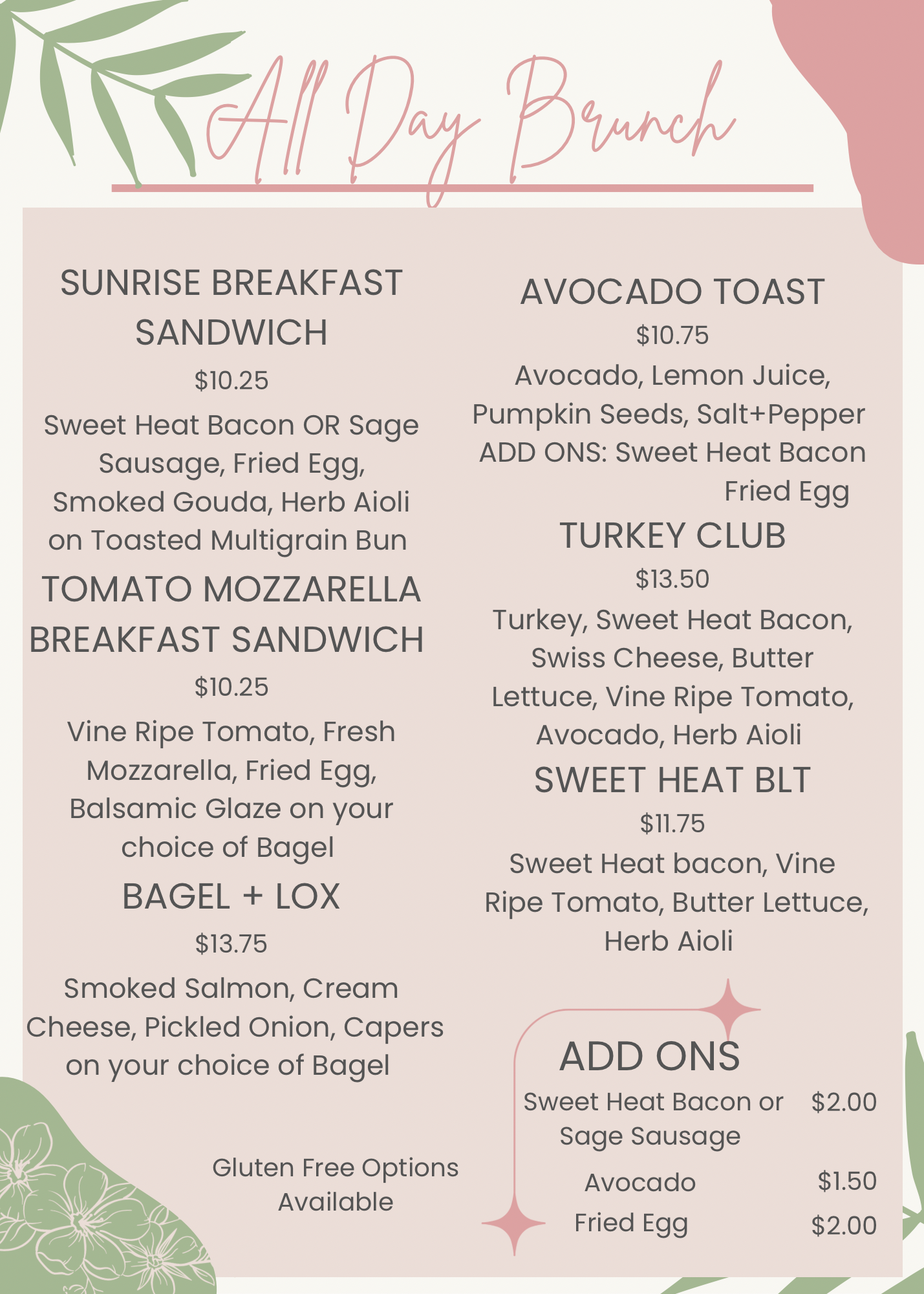 Menu | Bella Vida Boca Grande Inc.